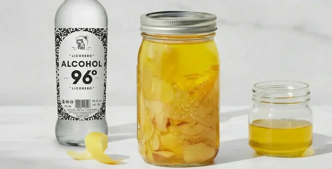 Ingredientes para hacer limoncello casero: botella de alcohol alimentario 96º LICORERO y frasco con cáscaras de limón macerando