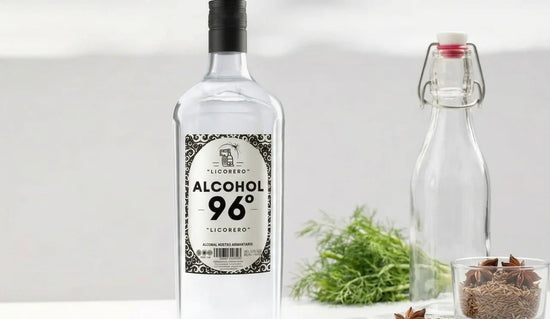 Botella de LICORERO 96 junto a una botella de anís artesanal con semillas de anís estrellado.