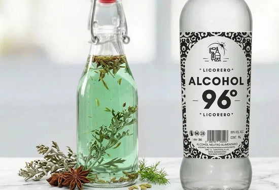 Botella de absenta verde artesanal con hierba de ajenjo y anís estrellado junto a LICORERO 96.